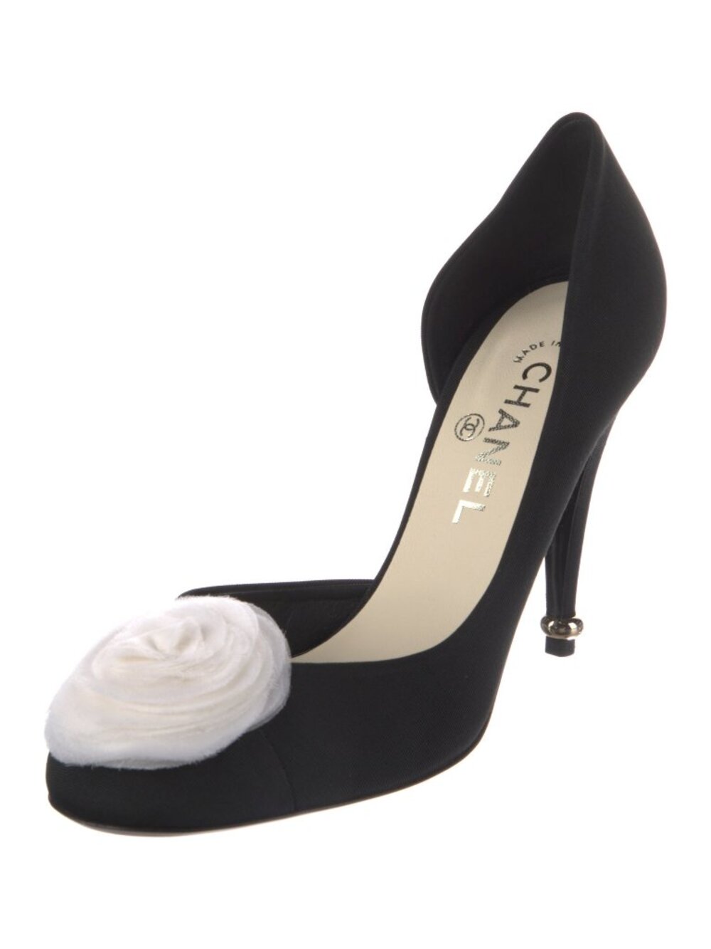 Chanel Black Camellia Canvas D'Orsay Pumps
